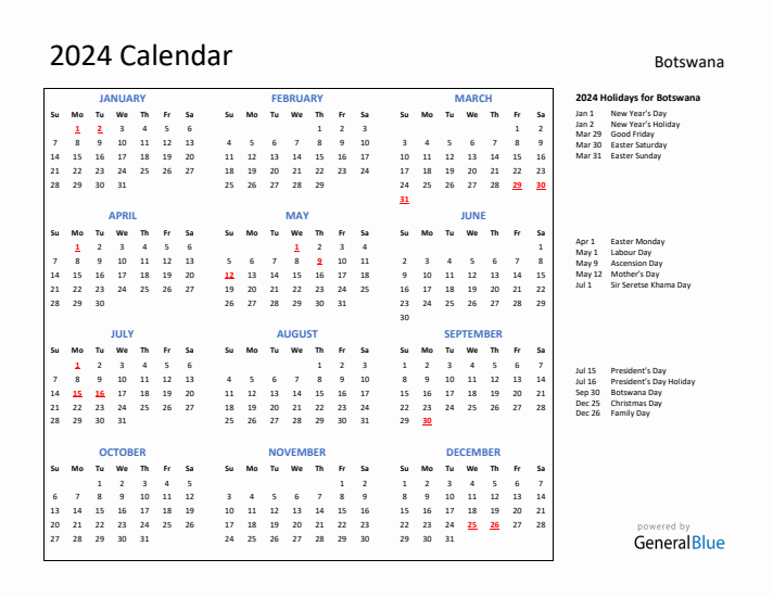 2024 Calendar with Holidays for Botswana