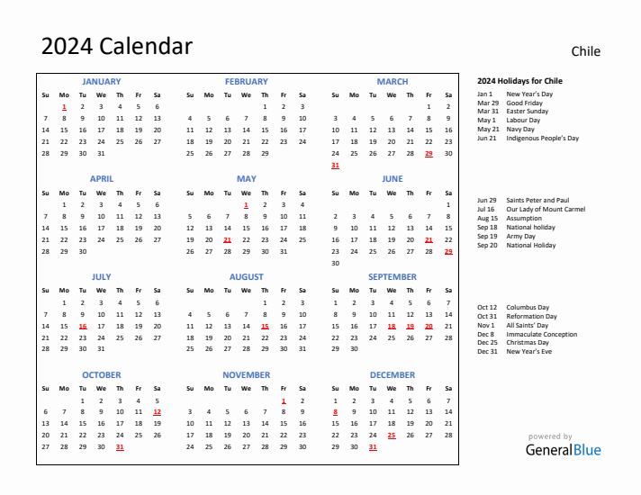 2024 Calendar with Holidays for Chile