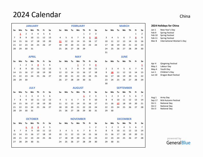 2024 Calendar with Holidays for China