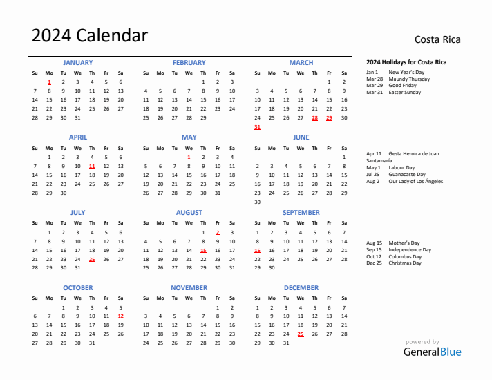 2024 Calendar with Holidays for Costa Rica