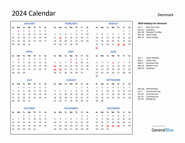 2024 Calendar with Holidays for Denmark