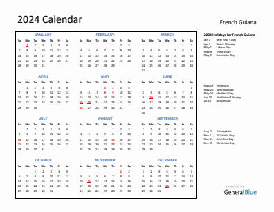 French Guiana current year calendar 2024 with holidays