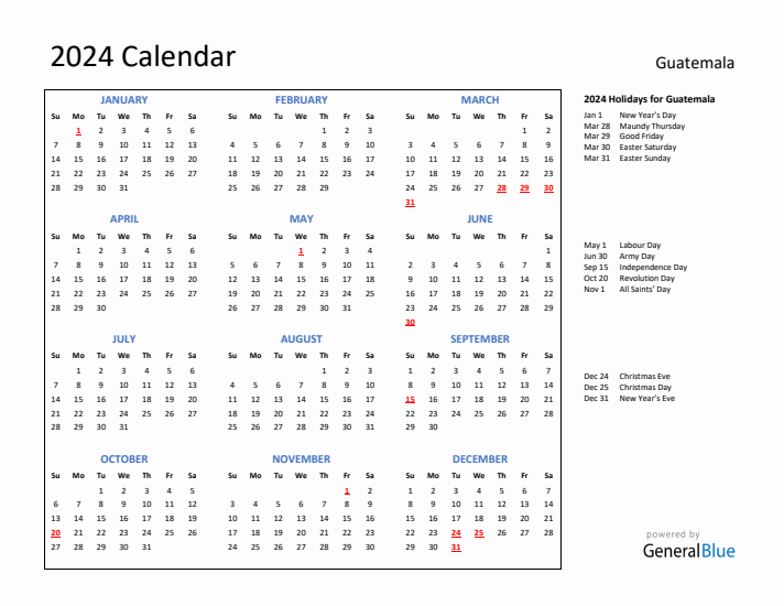 2024 Calendar with Holidays for Guatemala