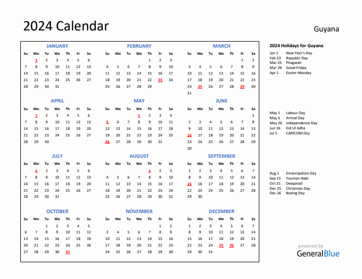 2024 Calendar with Holidays for Guyana