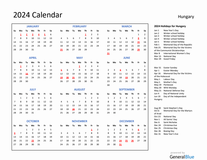 2024 Calendar with Holidays for Hungary