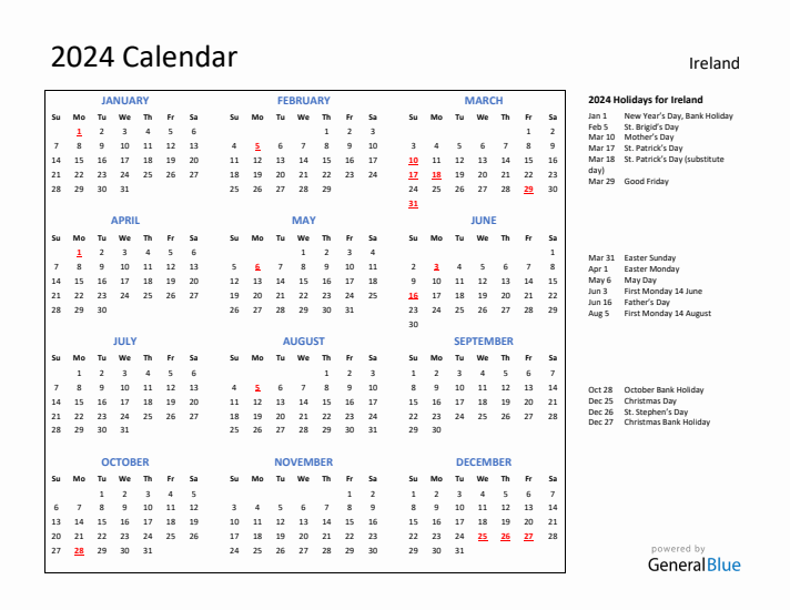 2024 Calendar with Holidays for Ireland