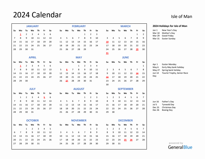 2024 Calendar with Holidays for Isle of Man