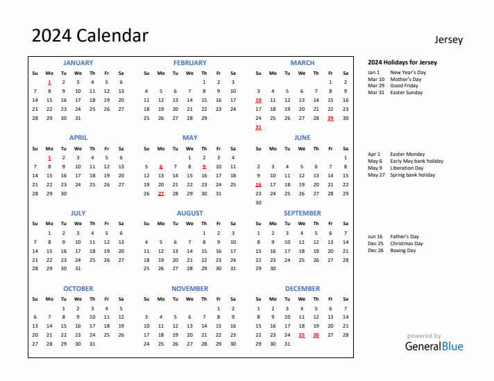 2024 Calendar with Holidays for Jersey