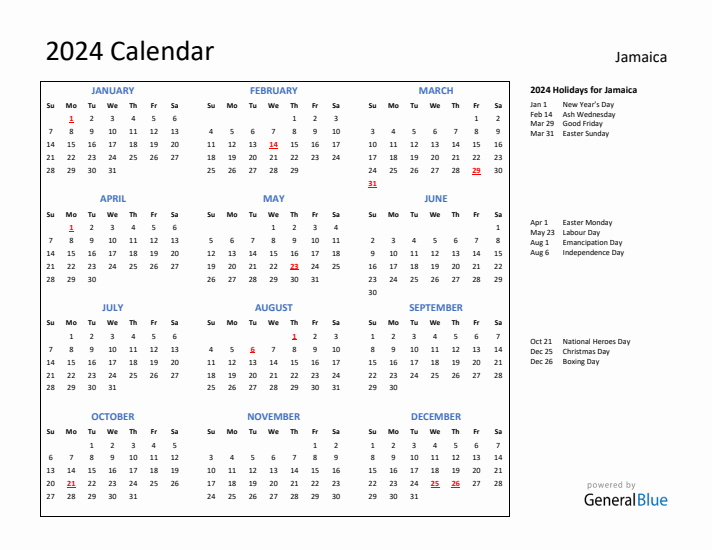 2024 Calendar with Holidays for Jamaica