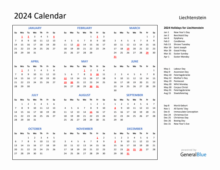 2024 Calendar with Holidays for Liechtenstein