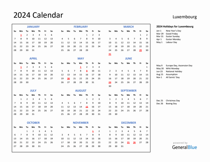 2024 Calendar with Holidays for Luxembourg