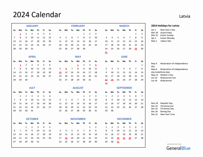 2024 Calendar with Holidays for Latvia