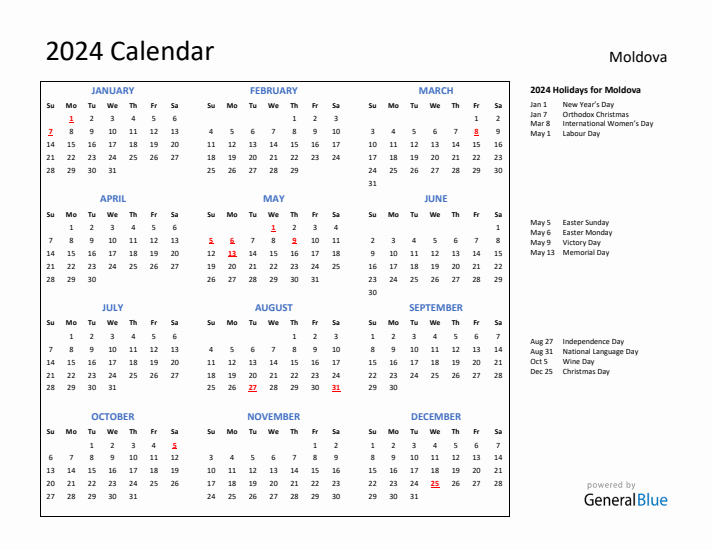 2024 Calendar with Holidays for Moldova