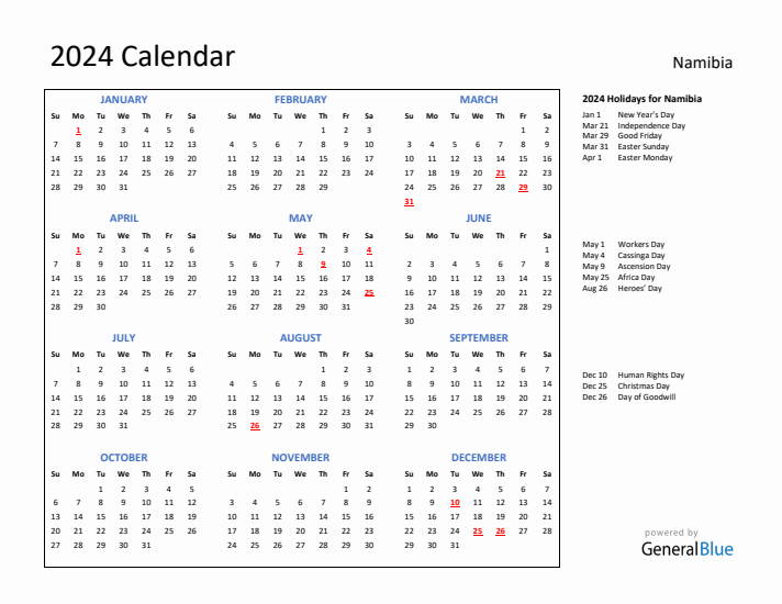 2024 Calendar with Holidays for Namibia