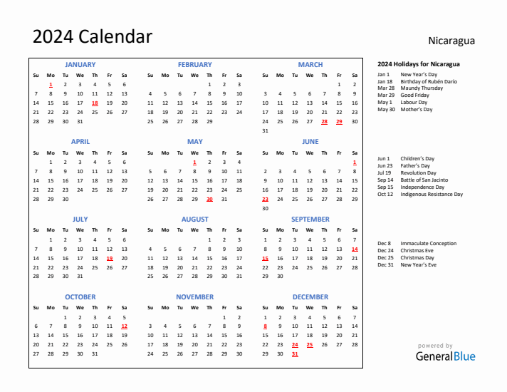 2024 Calendar with Holidays for Nicaragua