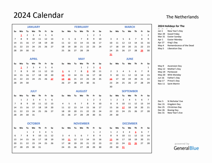 2024 Calendar with Holidays for The Netherlands