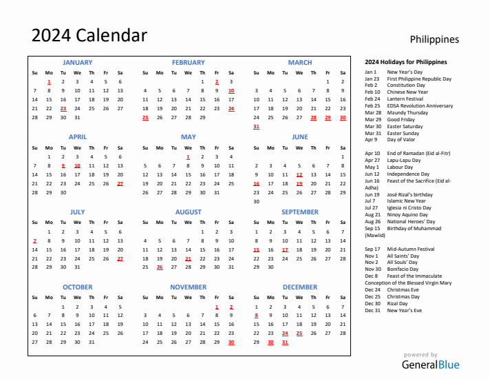 2024 Calendar with Holidays for Philippines