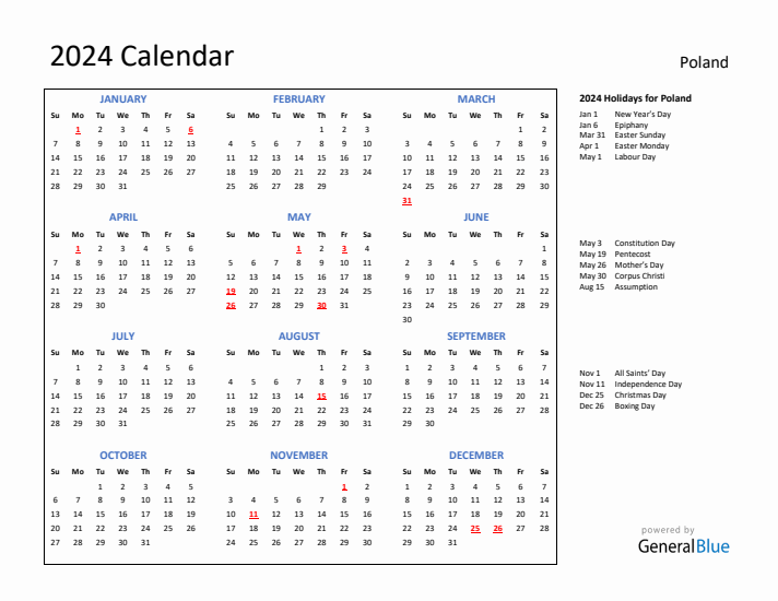 2024 Calendar with Holidays for Poland