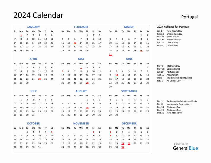 2024 Calendar with Holidays for Portugal