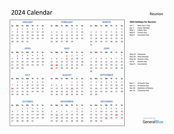 2024 Calendar with Holidays for Reunion