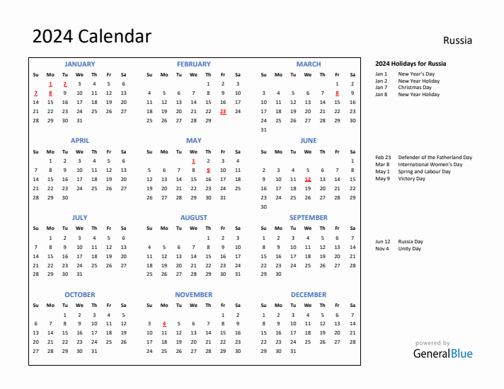 2024 Calendar with Holidays for Russia