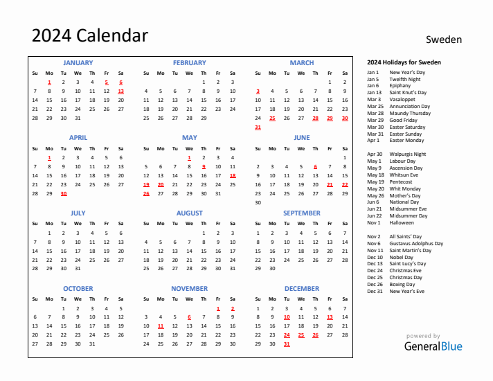 2024 Calendar with Holidays for Sweden