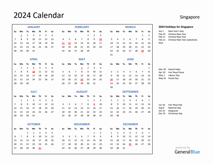 2024 Calendar with Holidays for Singapore