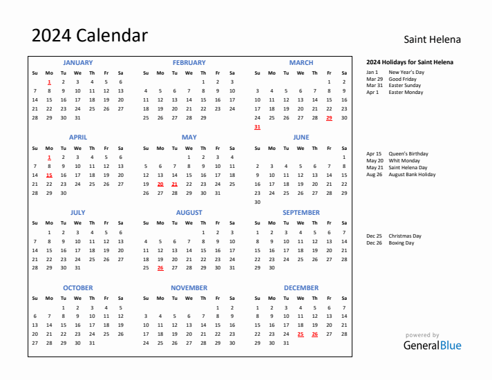 2024 Calendar with Holidays for Saint Helena