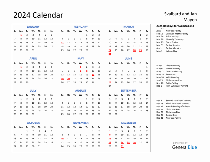 2024 Calendar with Holidays for Svalbard and Jan Mayen