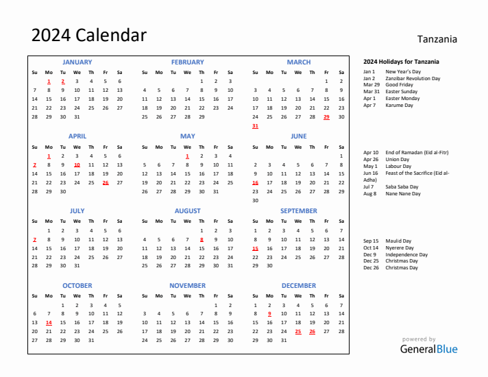 2024 Calendar with Holidays for Tanzania