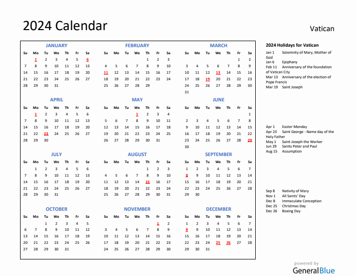 2024 Calendar with Holidays for Vatican