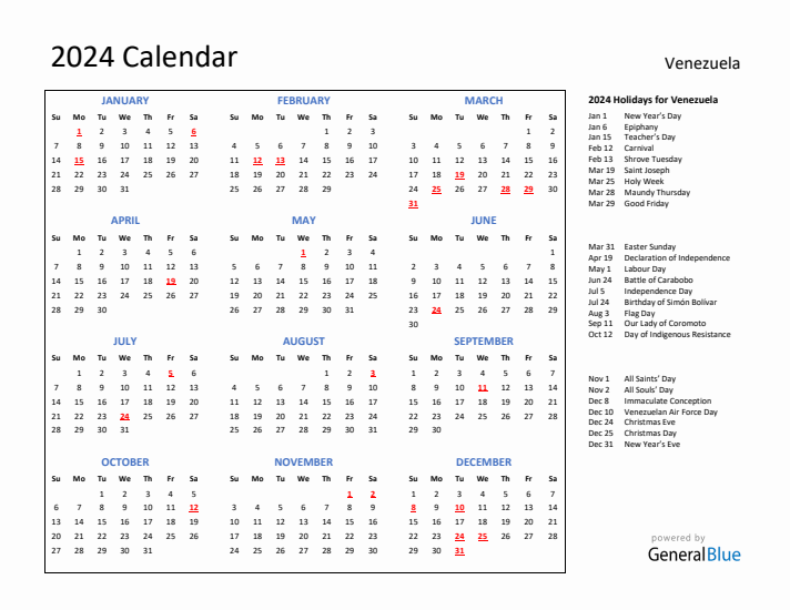 2024 Calendar with Holidays for Venezuela