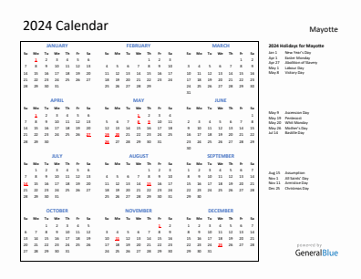 Mayotte current year calendar 2024 with holidays