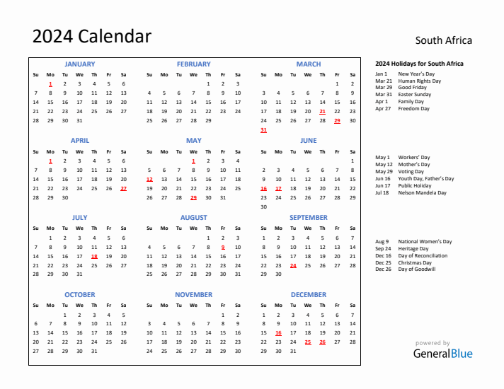 2024 Calendar with Holidays for South Africa