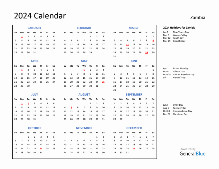 2024 Calendar with Holidays for Zambia