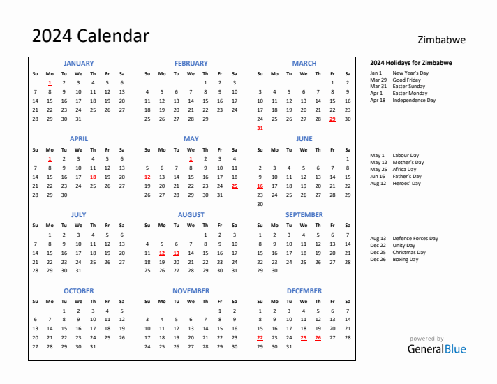 2024 Calendar with Holidays for Zimbabwe