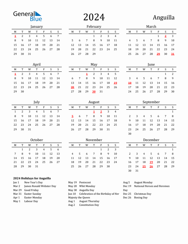 Anguilla Holidays Calendar for 2024