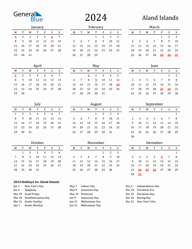 Aland Islands Holidays Calendar for 2024