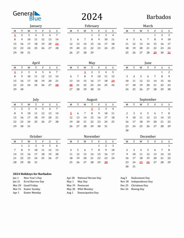 Barbados Holidays Calendar for 2024