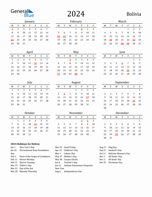 Bolivia Holidays Calendar for 2024