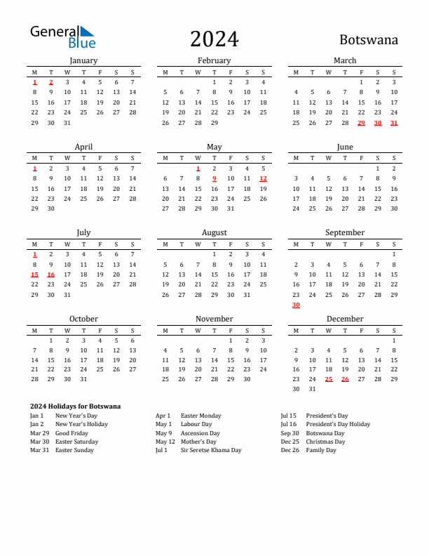 Botswana Holidays Calendar for 2024