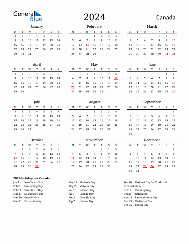 Canada Holidays Calendar for 2024