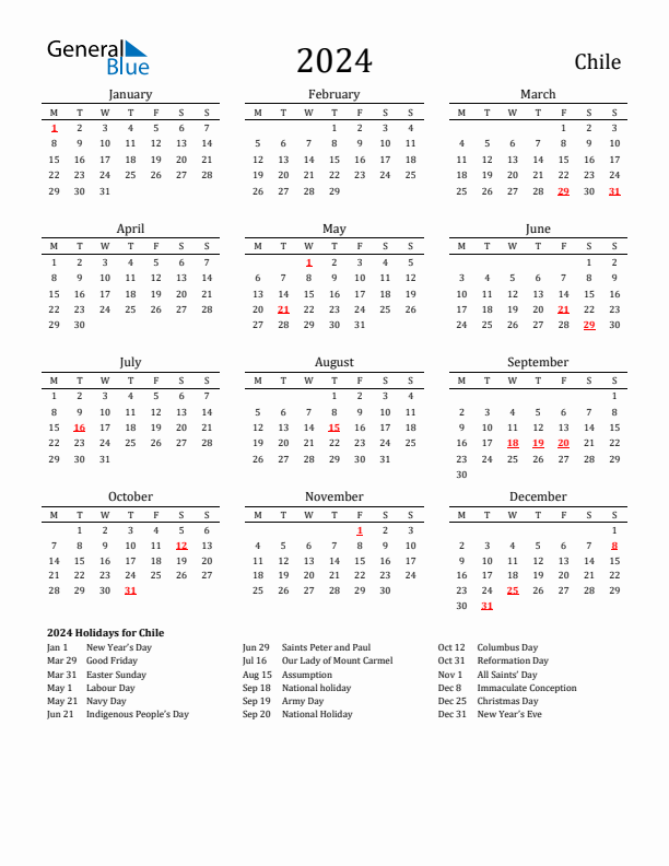 Chile Holidays Calendar for 2024