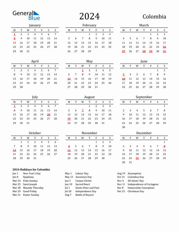 Colombia Holidays Calendar for 2024