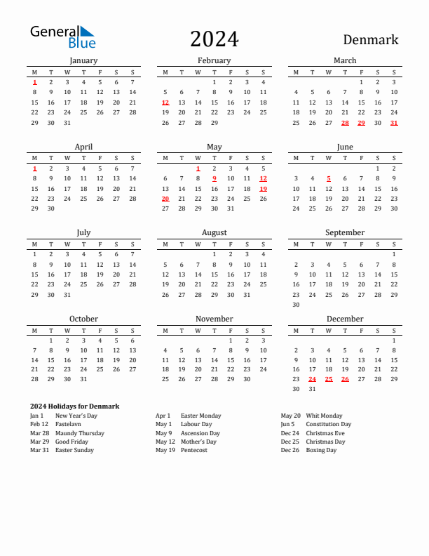 Denmark Holidays Calendar for 2024