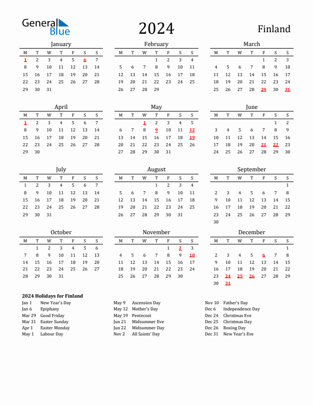 Finland Holidays Calendar for 2024