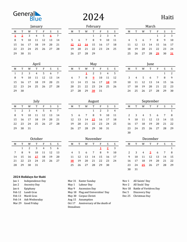 Haiti Holidays Calendar for 2024