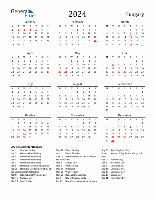 Hungary Holidays Calendar for 2024