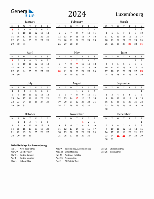 Luxembourg Holidays Calendar for 2024