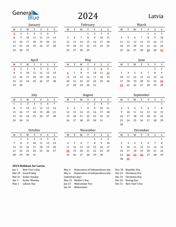 Latvia Holidays Calendar for 2024